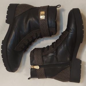 Black and brown combat boots with gold details by Daisy Fuentes